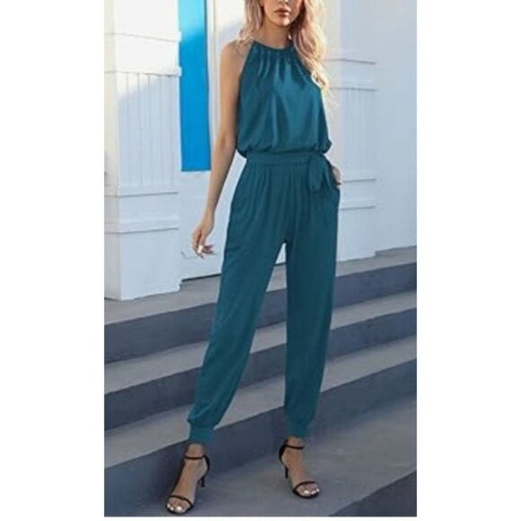 Womens Teal Sleeveless Jumpsuit Size Large With Waist Tie Casual Summer Chic - Picture 3 of 14